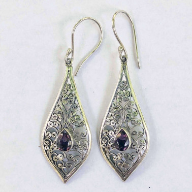 ER 11558 AM-(UNIQUE 925 BALI SILVER FILIGREE EARRINGS WITH AMETHYST)